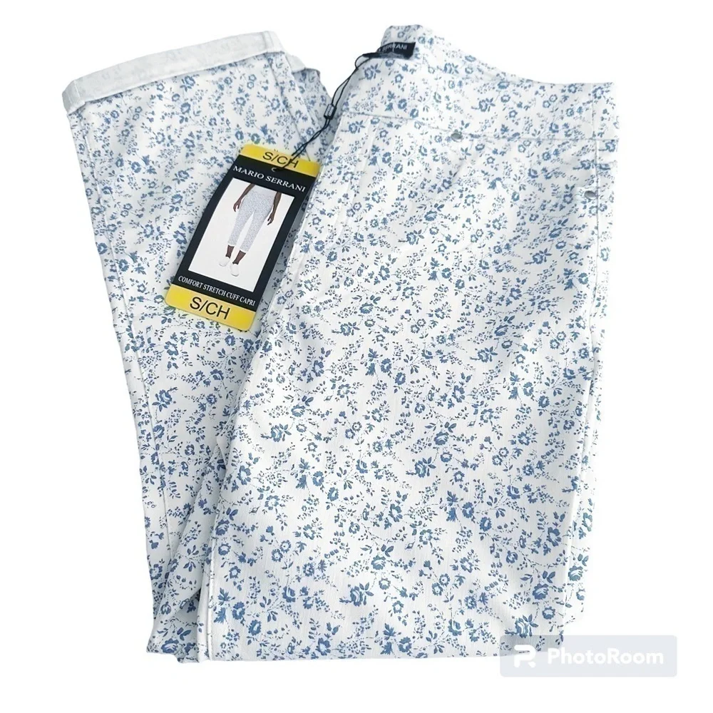 MARIO Serrani Blue Floral Stretch Cuff Capri NWT Size Small